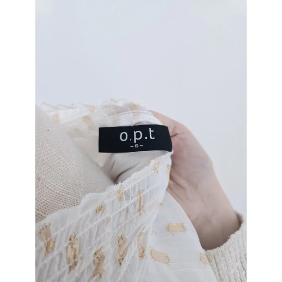 OPT O.P.T Lluvia White Gold Polka Dot Tiered Flowy Smock Neck Mini Short Dress S - Picture 10 of 12